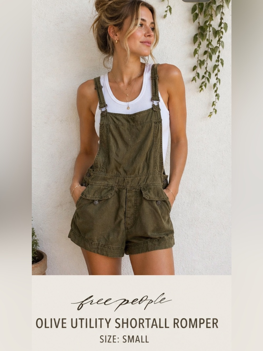 Free People Olive Utility Shortall Romper Small Rayon Blend Adjustable Straps